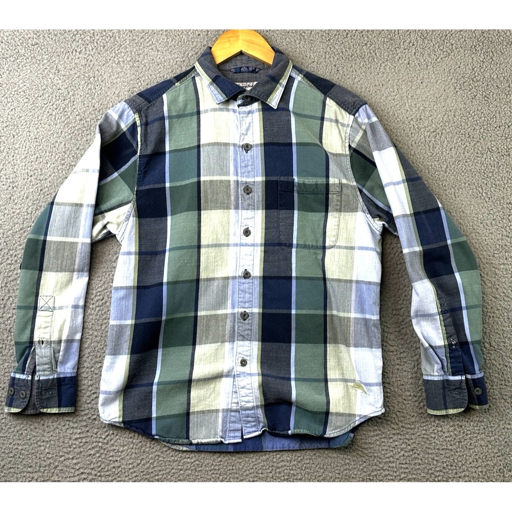 Tommy Bahama Shirt Mens Medium Blue Green Flannel Button Up Plaid Cotton Tencel
